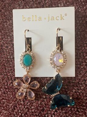 NWOT Bella-Jack Gold-Tone Asymmetrical Earrings with Teal and Blush Pink Stones